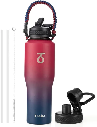 Miniatura 27 de Trebo Botella de agua de 40 onzas con aislamiento que cabe en portavasos de automóvil con asa, botellas de agua de acero inoxidable vaso con tapas