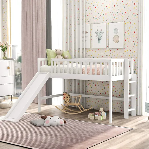 Miniatura 8 de Cama alta individual con tobogán, marco de cama loft de madera con escalera, cama baja tamaño individual, no necesita somier, gris