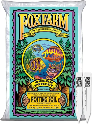 FoxFarm Tierra para macetas Ocean Forest con 2 etiquetas para plantas, 1.5 pies cúbicos - Textura ligera y aireada - para todas las plantas en