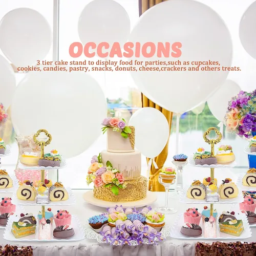 Miniatura 7 de 6 juegos de 3 niveles de soporte para cupcakes de fiesta de té, platos de postre de plástico blanco para cupcakes, bandejas cuadradas para tartas