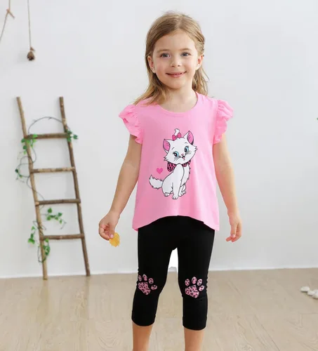 Miniatura 4 de Popshion Conjuntos de verano de 2 piezas para niñas pequeñas, camiseta de manga con vuelo y leggings capri recortados, ropa para niños, conjuntos