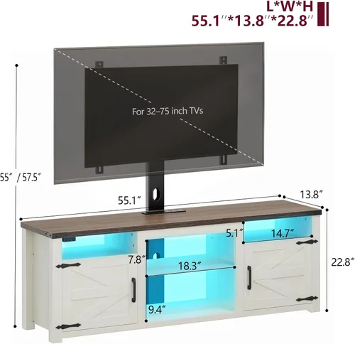 Miniatura 6 de ROCHECASA Soporte de TV de granja con soporte y estación de carga, luces LED de 55 pulgadas, centro de entretenimiento con montaje giratorio