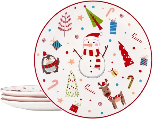 Miniatura 7 de Bico Juego de 4 platos de ensalada de gnomos de Navidad, platos de postre de cerámica de 8.75 pulgadas para ensalada, aperitivo, guarniciones