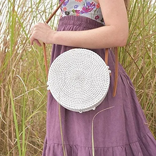 Miniatura 2 de Natural Neo - Bolsa tejida a mano de mimbre redonda y elegante con correas de cuero natural