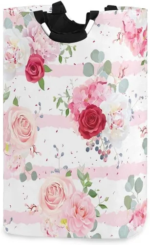 Cesta de lavandería con diseño de rosas rosas, portátil, plegable, organizador de ropa con asas, bolsa de almacenamiento para habitación de niños y
