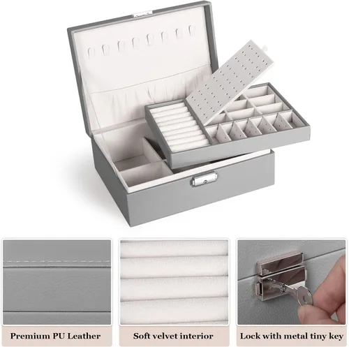 Miniatura 11 de Joyero para mujeres y niñas, contenedor organizador de joyas de 2 capas con cerradura, estuche de almacenamiento de piel sintética con bandeja