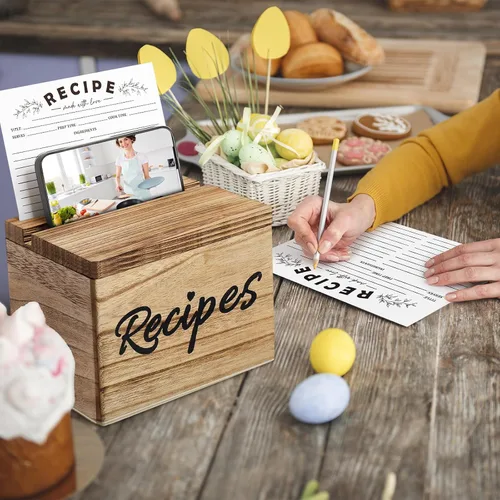 Miniatura 6 de Hoteam Caja de Recetas de Madera con Tarjetas, Soporte para Tarjetas de Recetas de Madera Rústica con 50 Piezas, Juego de Tarjetas de 5 x 7, Caja