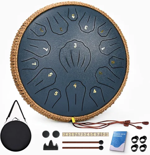 Miniatura 10 de Tambor de Lengua de Acero - 12 Pulgadas 15 Notas, Tambores de Lengua de Acero para Niños y Adultos, Handpan de Acero con Mazos, Hang Drum con Libro