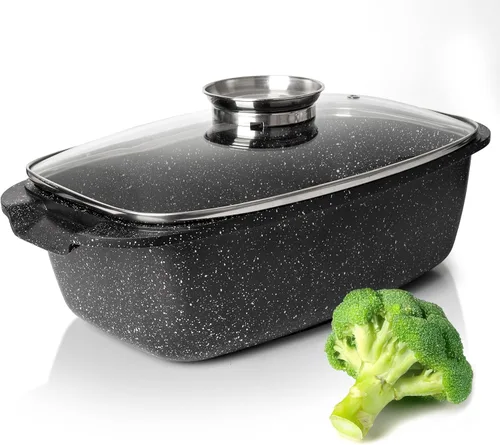 Moss & Stone Olla Asadora Ovalada de 6 Cuartos con Tapa, 12"x8.3" Asador de Pollo de Aluminio Fundido a Presión, Compatible con Inducción, Gas y