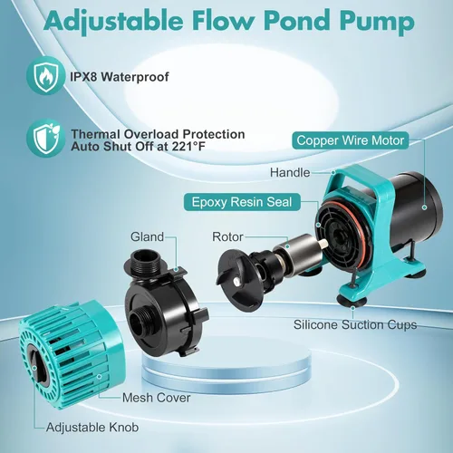 Miniatura 6 de Bomba de estanque de flujo ajustable, bomba de agua sumergible de 100 W con 600 a 1800 GPH, fuente ultra silenciosa y bomba de cascada con salida