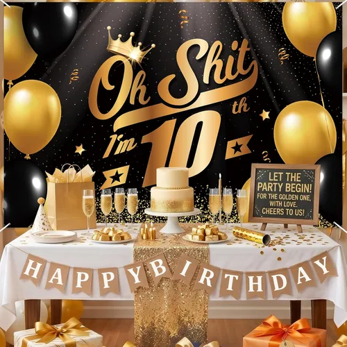 Miniatura 5 de Oh S*hit I'm 10th Banner telón de fondo negro dorado globos corona confeti Hallo Quince Cheers to 10 años decoración temática decoración para hombre