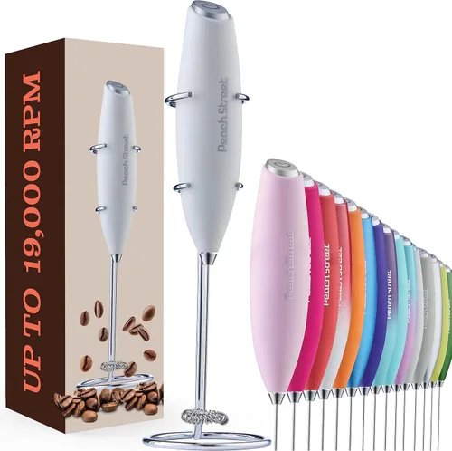 Espumador de leche de mano potente, mini espumador de leche, mezclador de bebidas con batería y acero inoxidable con soporte para espumador Blanco