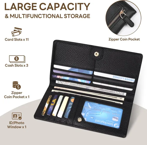 Miniatura 4 de Billetera para mujer, billetera RFID extradelgada, bolso plegable de cuero, con 11 ranuras para tarjetas y ventana de identificación, lindo monedero