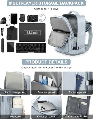 Miniatura 4 de VGCUB Mochila Grande de Viaje para Trabajo y Negocios Equipaje de Mano Aprobado para Vuelo Mochila para Laptop para Mujeres y Hombres Mochila de Azul