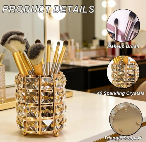 Miniatura 5 de Organizador de brochas de maquillaje, caja de almacenamiento de cosméticos con cristales brillantes para cepillos, peines y bolígrafos, contenedor