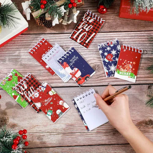 Miniatura 7 de 24 piezas de mini libretas en espiral de Navidad, pequeños blocs de notas con temática navideña, mini cuadernos con patrón de muñeco de nieve