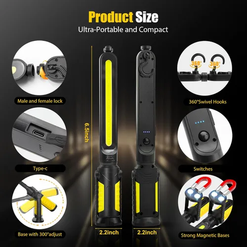 Miniatura 8 de SYLSTAR Luz de trabajo para mecánico, LED de 2400 lúmenes, 4400 mAh recargable, magnética, luz de trabajo debajo del capó con ganchos
