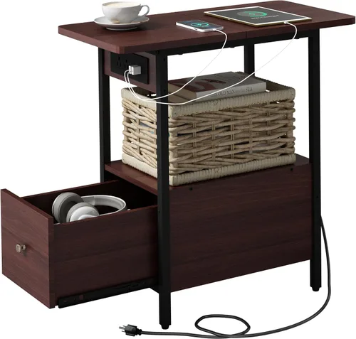 Miniatura 9 de LIDYUK Mesa auxiliar con estación de carga, mesa auxiliar estrecha con cajón, puertos USB y tomas de corriente, mesita de noche para espacios Negro