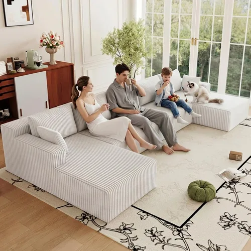 Miniatura 80 de Sofá modular de 95 pulgadas con otomana, moderno sofá nube de pana con asiento profundo, sofá sin hueso tapizado de 3 plazas en forma de U para sala