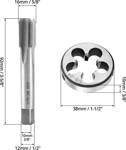 Miniatura 6 de QWORK 5/8 "-24 UNEF Juego de machos y troqueles, herramienta de rosca HSS para mano derecha Troquel redondo de acero de aleación de alta