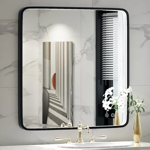 Miniatura 10 de Espejo de baño LED de 20 x 28 pulgadas con luces, marco de metal negro, espejo de tocador iluminado para pared, espejo LED regulable de 3000 K/4500