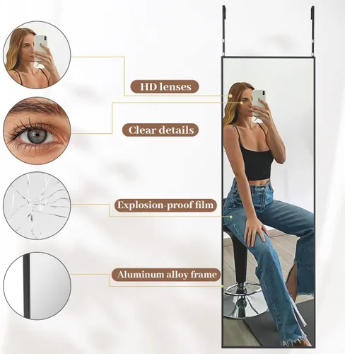 Miniatura 3 de BEAUTYPEAK Espejo de Puerta Ajustable en Altura de 16" x 50", Espejo Colgante de Cuerpo Entero Sobre la Puerta con Vidrio Templado Irrompible