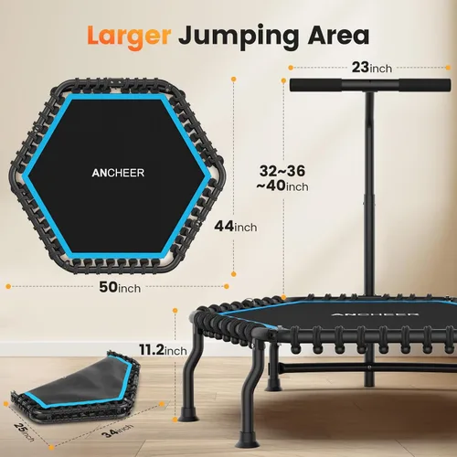 Miniatura 7 de ANCHEER Trampolín de rebote de 50 pulgadas para adultos, mini trampolín plegable 2026 con barra, trampolín de ejercicio para adultos, carga máxima