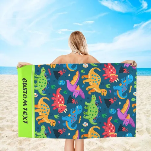 Miniatura 2 de Toalla de playa personalizada, toallas de playa personalizadas de animales de dinosaurio coloridos con nombre y foto, imagen de texto, toallas