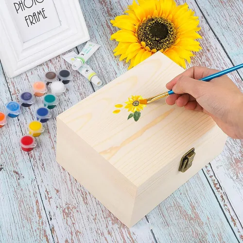 Miniatura 4 de Paquete de 2 cajas de madera sin terminar, caja grande de madera con tapa con bisagras, cierres frontales, cajas de madera natural