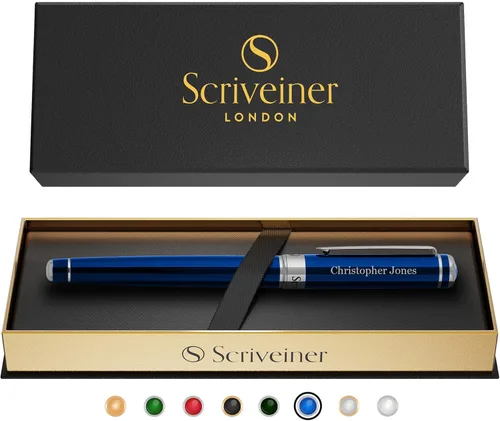 Miniatura 10 de Scriveiner – Bolígrafo roller azul medianoche, con lacado azul y acabado cromado, repuesto de tinta Schmidt, para hombres y mujeres, para 13. Azul