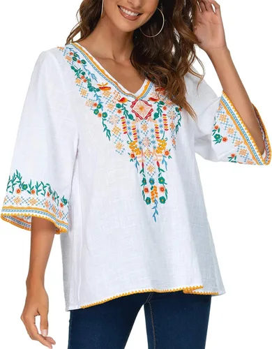 Miniatura 3 de YZXDORWJ Blusa campesina mexicana bordada con cuello en V para mujer