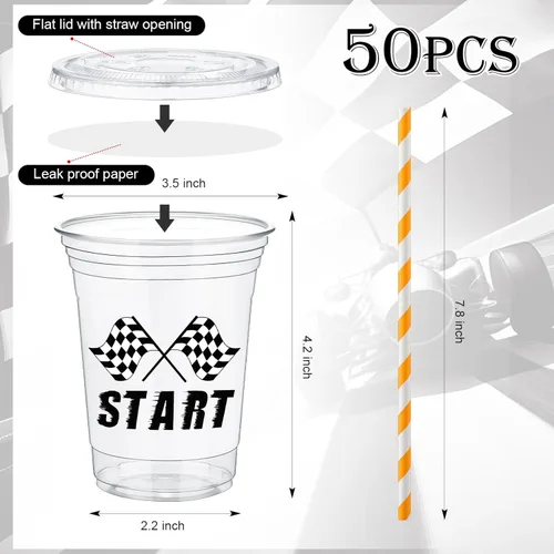 Miniatura 3 de FoldTier 50 vasos de plástico para fiestas de carreras a cuadros, 12 onzas, color blanco y negro, con bandera a cuadros transparentes con pajitas