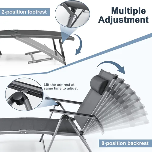 Miniatura 8 de HAPPYGRILL Sillón de aluminio para patio con respaldo ajustable de 8 posiciones, reposapiés de 2 posiciones, cómodo reposacabezas, silla reclinable