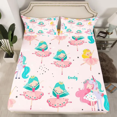 Juego de ropa de cama Kawaii tamaño individual, sábana bajera ajustable de dibujos animados para niños y niñas, juego de ropa de cama de ballet,