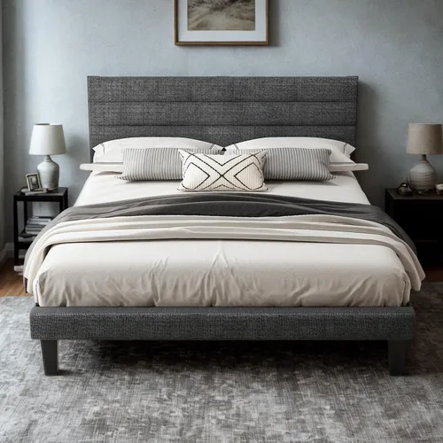 Miniatura 13 de VINGLI Base de cama individual para niños, cama de plataforma tapizada Boucle con cabecera ajustable, soporte de listones de madera resistente, cama