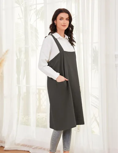Miniatura 4 de Schine Pinafore de algodón con espalda cruzada para mujer, con bolsillos grandes, prácticos delantales para trabajos de jardinería, cocina, Verde