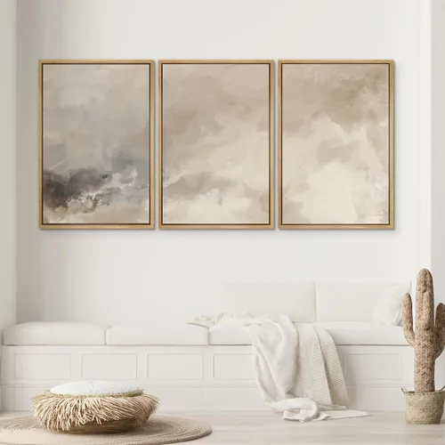 Miniatura 366 de SIGNWIN Lienzo enmarcado para pared, arte con pinceladas de flujo neutro en tonos beige abstractos, ilustraciones, arte moderno, decorativo