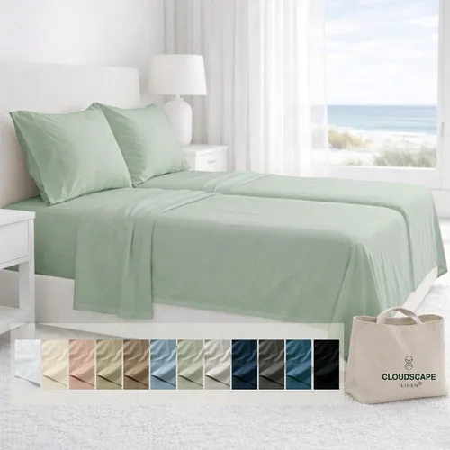 Miniatura 40 de Cloud Scape Linen - Juego de sábanas de algodón egipcio de doble capa, tamaño individual, tejido de satén de fibra larga, juego de 3 piezas, ropa