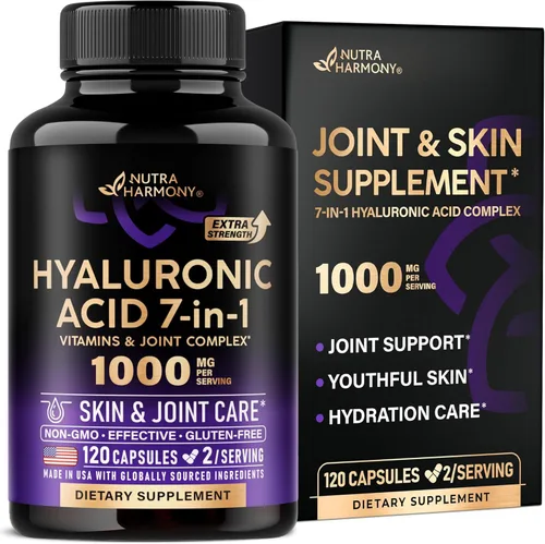 Suplementos de Ácido Hialurónico 1000 mg - Colágeno | MSM | Boswellia | Vitamina D3, C y E - Cápsulas de Ácido Hialurónico - Hidratación de la Piel
