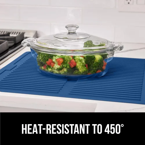 Miniatura 8 de GORILLA GRIP Tapete de secado de platos de silicona patentado 100% sin BPA para encimera de cocina, diseño acanalado para atrapar agua, fácil de Azul