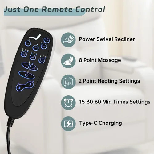 Miniatura 5 de Sillón reclinable giratorio con masaje de calor, sillas reclinables de cuero de gran tamaño, con puerto tipo C, brazos de almacenamiento dobles