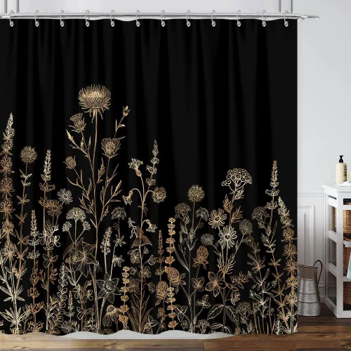 Miniatura 22 de Cortina de ducha de mariposa floral negra y dorada, cortina de ducha bohemia con diseño botánico de flores oscuras para baño con gancho, juego
