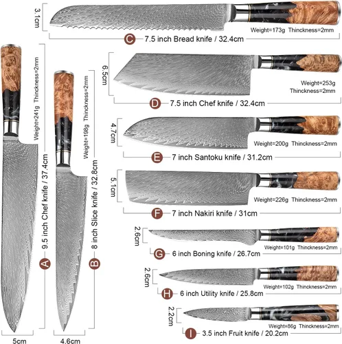 Miniatura 2 de ZZYY - Juego de cuchillos de cocina de acero de damasco, 9 piezas, cuchillo de chef japonés, cuchillo de cocina para pelar, mango de madera