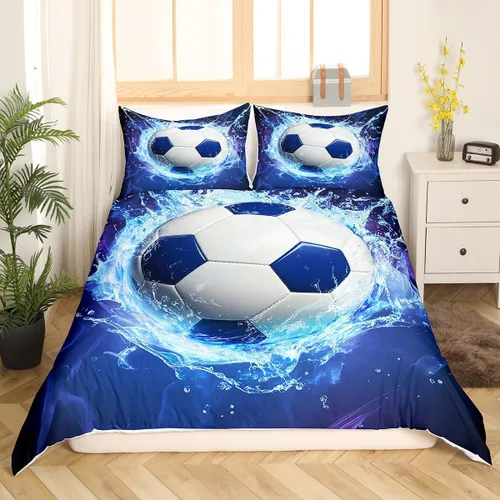 Miniatura 3 de Juego de ropa de cama de fútbol para niñas y niños, tamaño individual, juego de funda de edredón con temática deportiva, funda de edredón decorativa