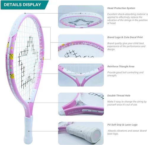 Miniatura 3 de AMA SPORT Raqueta de tenis para niños pequeños, kit de iniciación de raqueta de tenis de 17 a 25 pulgadas para niñas y niños con bolsa de nailon Rosa