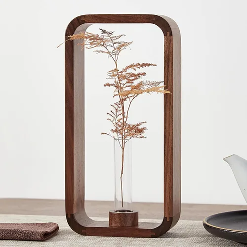 Miniatura 4 de Transprent - Jarrón de vidrio, tubo de ensayo, soporte para plantas hidrofílicas, marco de madera de nogal, soporte de flores, mesa de jardín