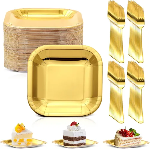 Miniatura 8 de Dandat 100 platos pequeños de papel negro de 7 pulgadas, platos cuadrados desechables para tartas con tenedores de postre de plástico, vajilla