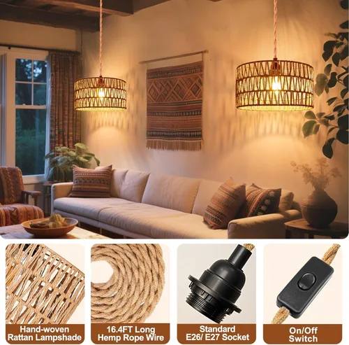 Miniatura 3 de Lámparas Colgantes de Ratán Luz Colgante Luces Colgantes Cable de 16.4 pies con Enchufe Lámpara Colgante que se Enchufa a Toma de Pared Iluminación