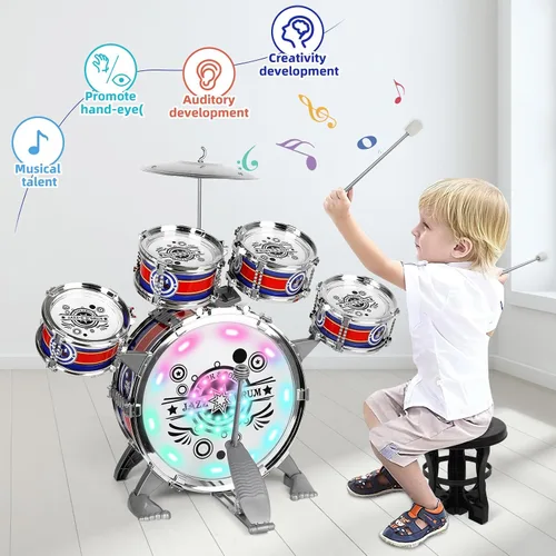 Miniatura 7 de Juego de batería para niños pequeños de 1 a 3 años, 5 piezas de tambor de jazz con taburete y platillo, instrumentos musicales iluminados, juguetes