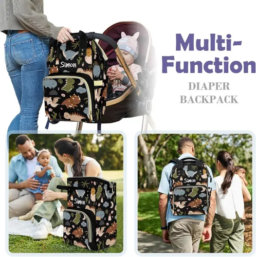 Miniatura 6 de Linda bolsa de pañales personalizada de dinosaurio tropical de gran capacidad para bebé, niño y niña, impermeable, con nombre personalizado, mochila